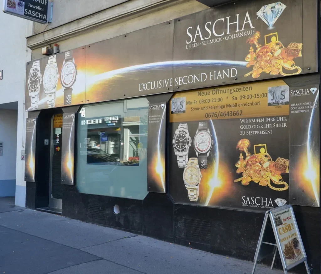 Außenansicht des Geschäfts von Juwelier Sascha in der Hütteldorfer Straße in 1150 Wien